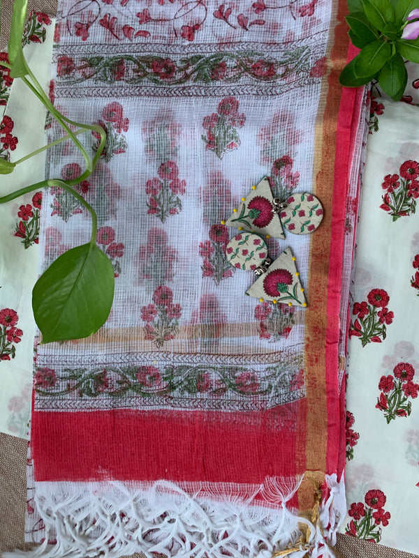 White-Red Boota Unstitched Suit Set with Doria Dupatta