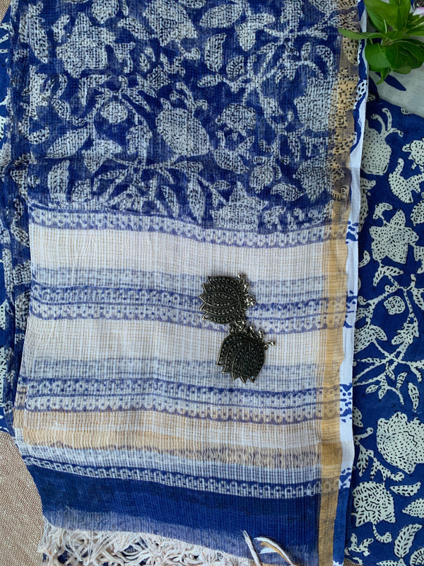 Royal Blue- White Unstitched Suit Set with Doria Dupatta