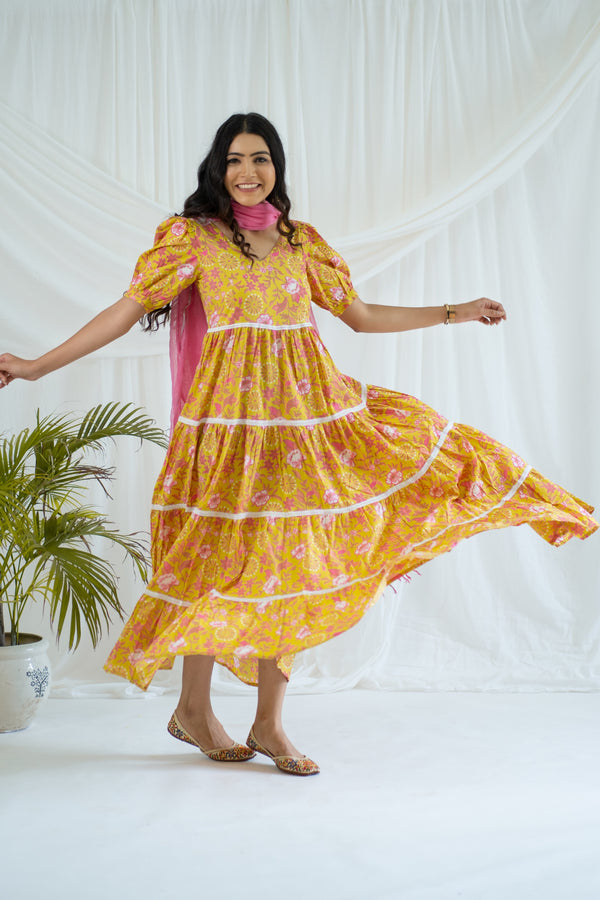 "Sunshine" Flora Hand Block Printed Dress