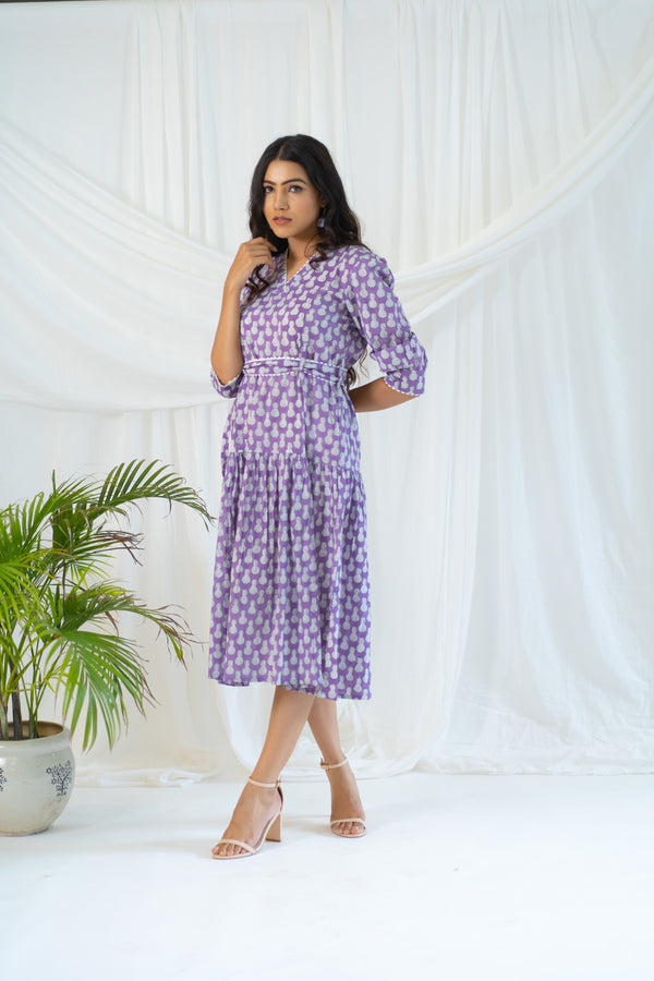 Lavender Hand Block Printed Pineapple Laced Dress