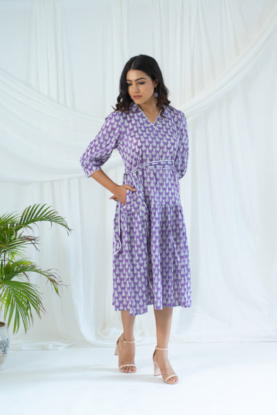 Lavender Hand Block Printed Pineapple Laced Dress