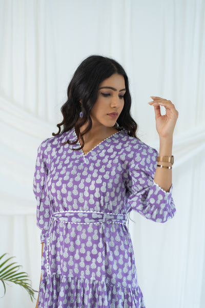 Lavender Hand Block Printed Pineapple Laced Dress