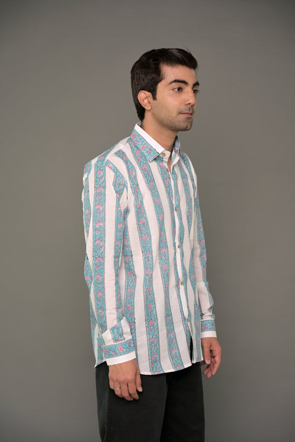 Hand Block Printed Blue Striped Cotton Shirt