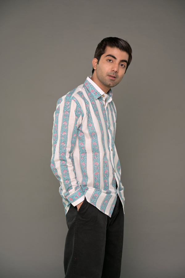 Hand Block Printed Blue Striped Cotton Shirt