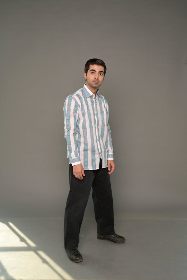 Hand Block Printed Blue Striped Cotton Shirt