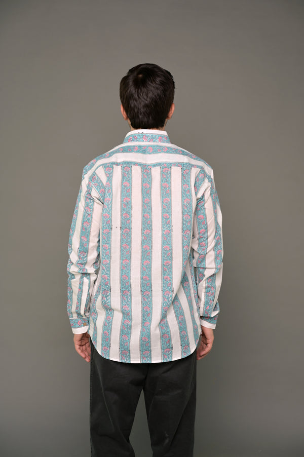 Hand Block Printed Blue Striped Cotton Shirt