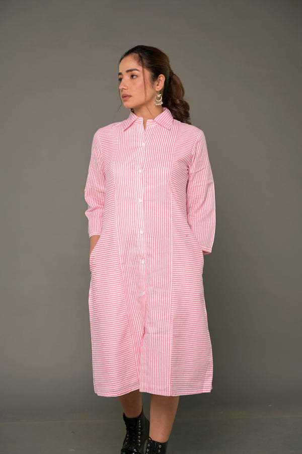 White & Pink 'Sassy' Cotton Shirt Dress