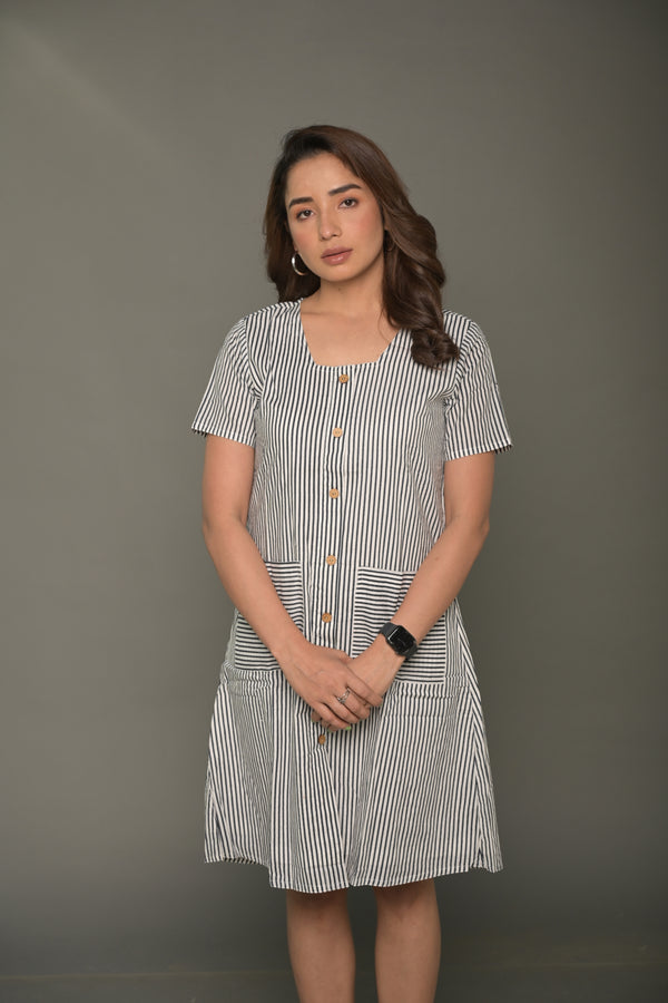 White & Black 'Brilliant' Striped Cotton Dress