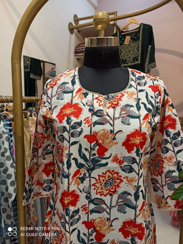 Cream Floral Bird Cotton Kurta