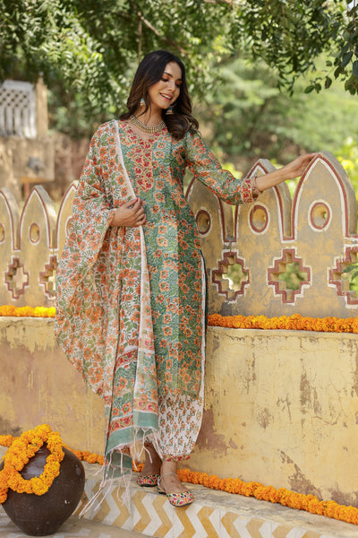 "Kamya" Hand Block Printed Chanderi Suit Set(3pc)