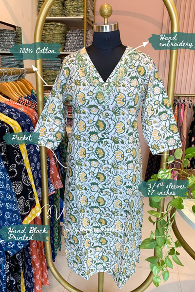 "Naazuk" Hand Embroidered Block Printed White Cotton kurta