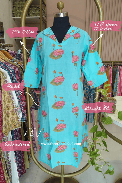 "Sheena" Embroidered Blue Cotton kurta
