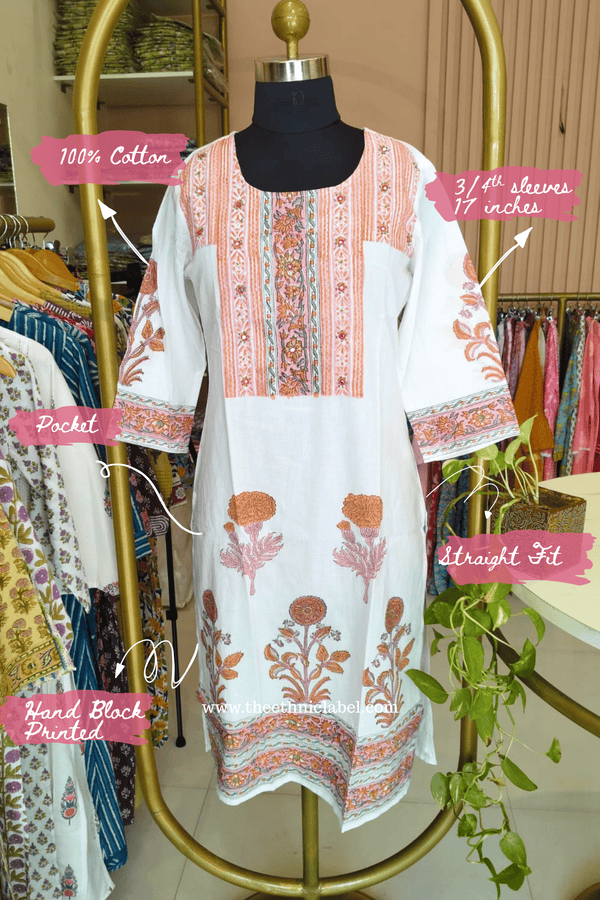 Mahal Printed Cream-Peach Cotton kurta