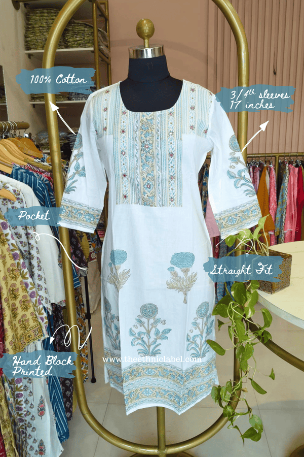 Mahal Printed Cream-Blue Cotton kurta