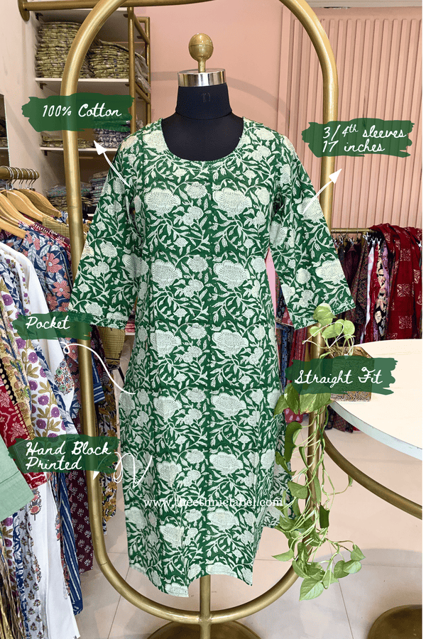 "Panna" Hand Block Printed Bagru Green Cotton kurta