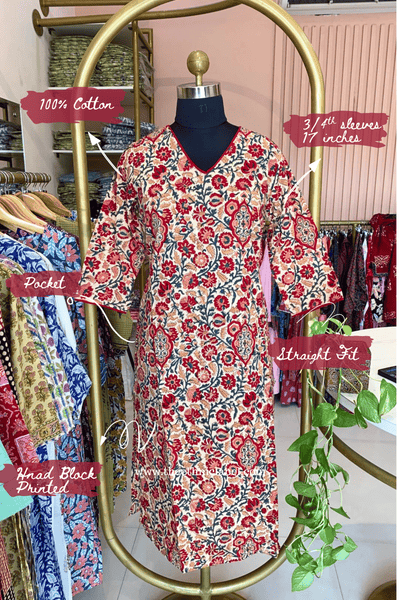 "Bela" Hand Block Printed Beige Cotton kurta