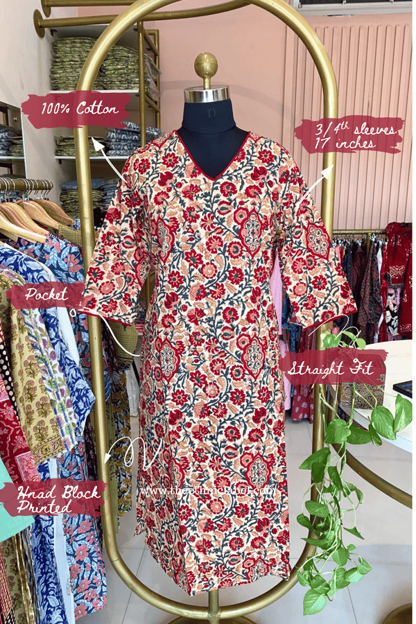 "Bela" Hand Block Printed Beige Cotton kurta