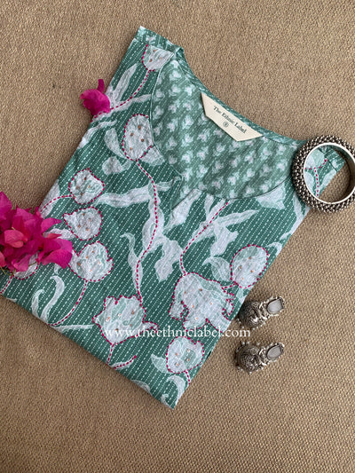 "Aabha" Green Kantha Cotton kurta