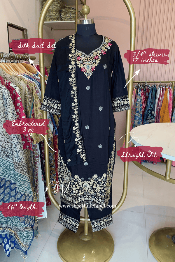 "Ziya" Black Silk Kurta Set with Dupatta(3pc)