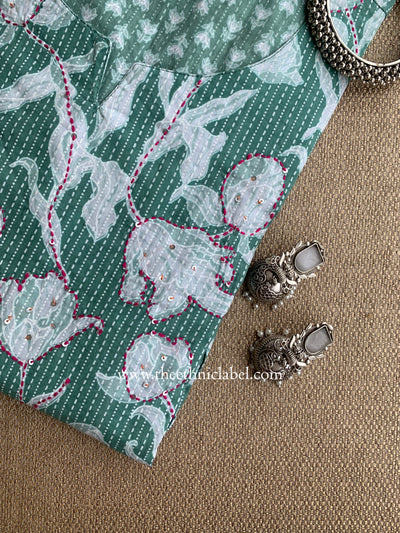 "Aabha" Green Kantha Cotton kurta