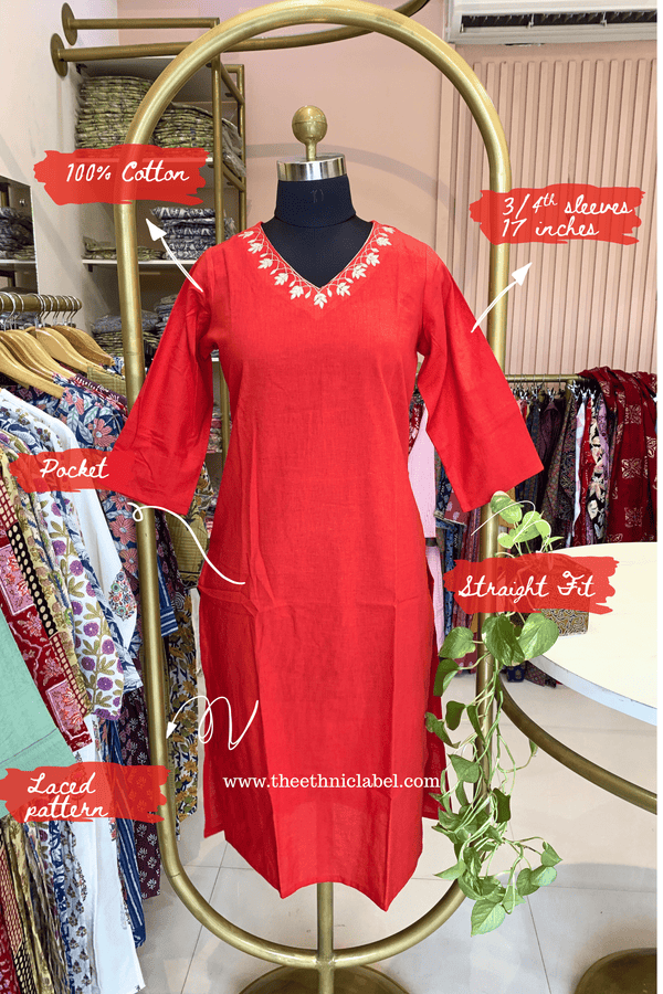"Sufi" Embroidered Red Cotton kurta