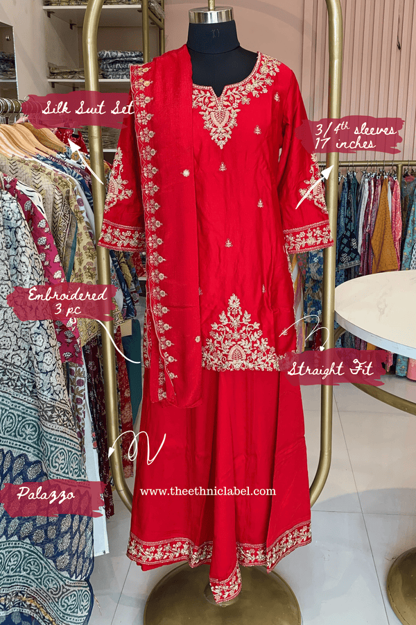 "Kashish" Red Silk Short Kurta with Palazzo and Dupatta(3pc)