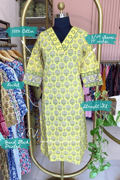 "Chinar" Hand Block Printed Yellow Cotton kurta