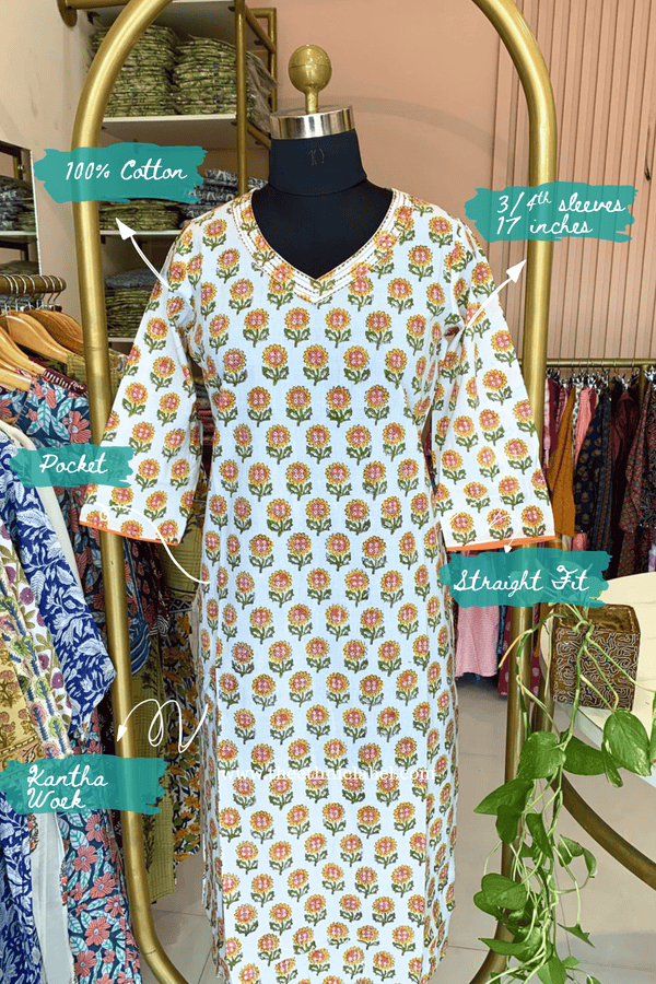 "Rajni" Hand Block Printed White Cotton Kurta
