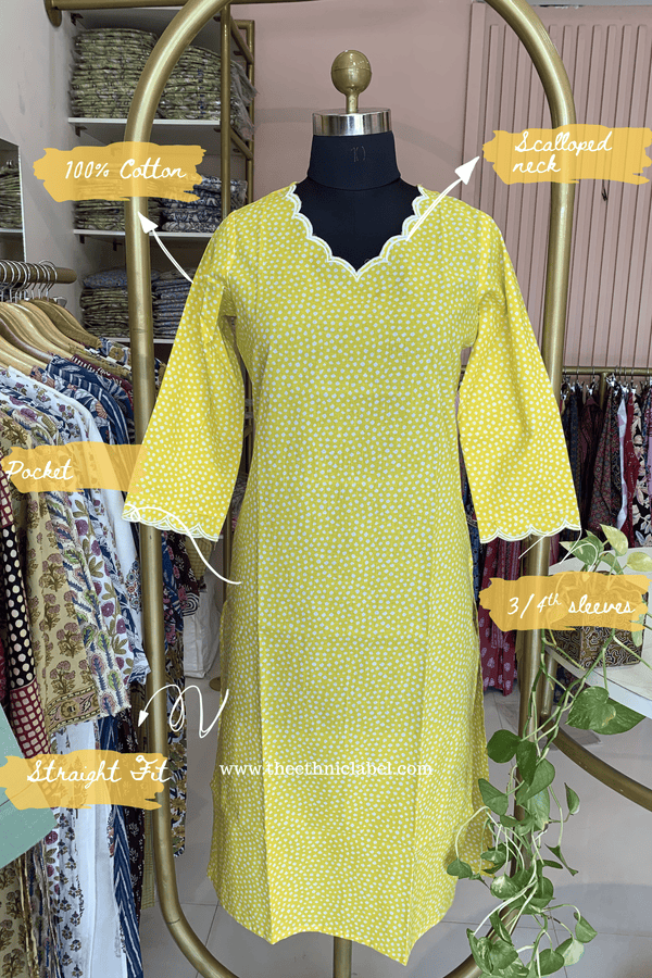 "Saransh" Scalloped Printed Yellow Cotton kurta