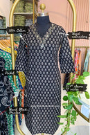 "Aamna" Hand Embroidered Block Printed Black Cotton kurta