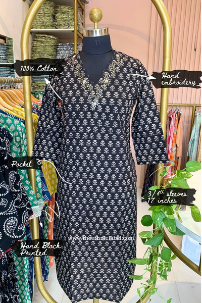 "Aamna" Hand Embroidered Block Printed Black Cotton kurta