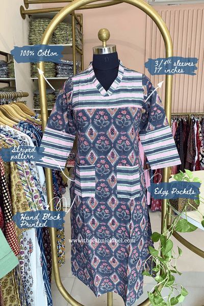 "Badal" Hand Block Printed Grey Cotton kurta