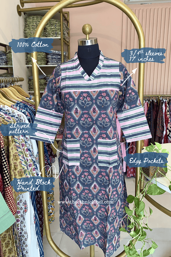"Badal" Hand Block Printed Grey Cotton kurta