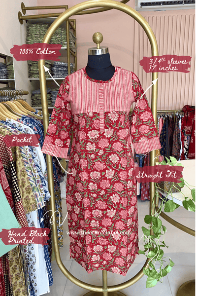 "Charu" Hand Block Printed Red Cotton Kurta