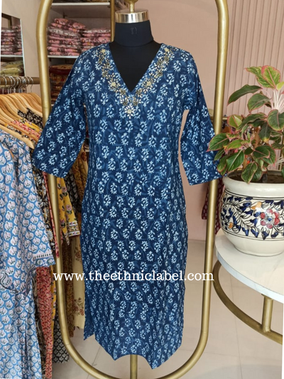"Ahilya" Hand Embroidered Block Printed Cotton kurta - L