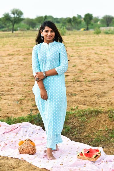 Elara Blue Polka Cotton Co-ord Set(2pc)