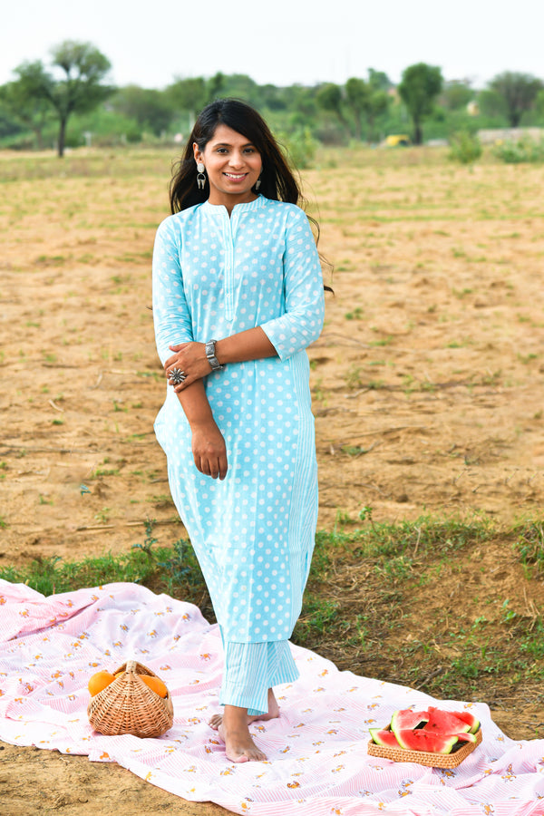 Elara Blue Polka Cotton Co-ord Set(2pc)