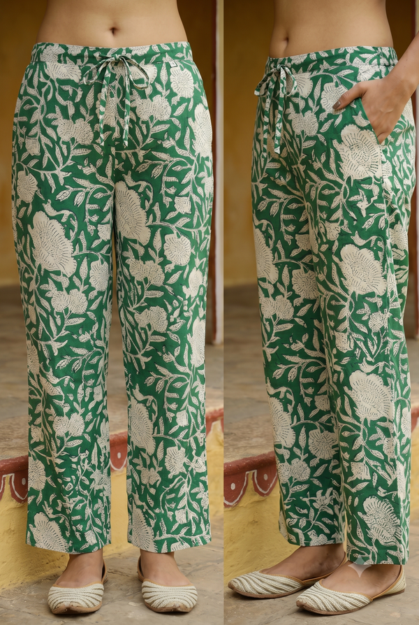 Green Printed Cotton Straight Pants
