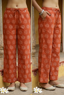 Rust Printed Cotton Straight Pants
