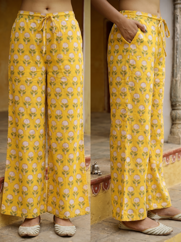 Yellow Printed Cotton Straight Pants