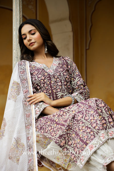 "Gul" Cotton Kurta Set with Afghan Pants and Kota Dupatta- 3pc