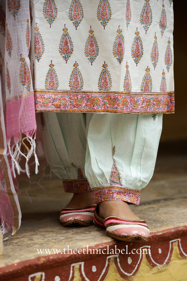 "Aafreen" Cotton Kurta Set with Afghan Pants and Kota Dupatta- 3pc