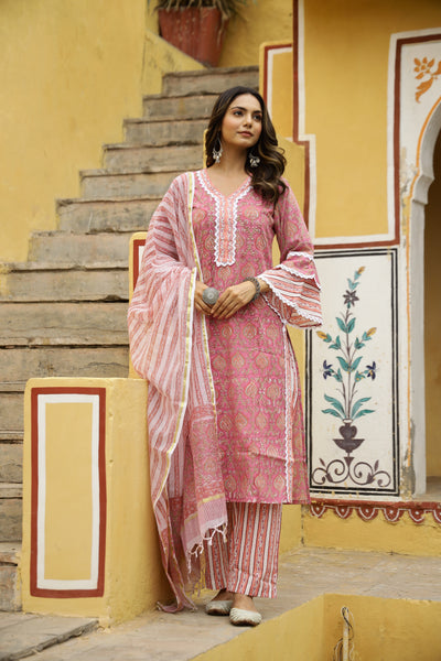 "Gulrang" Cotton Kurta Set with Kota Doria Dupatta(3pc)