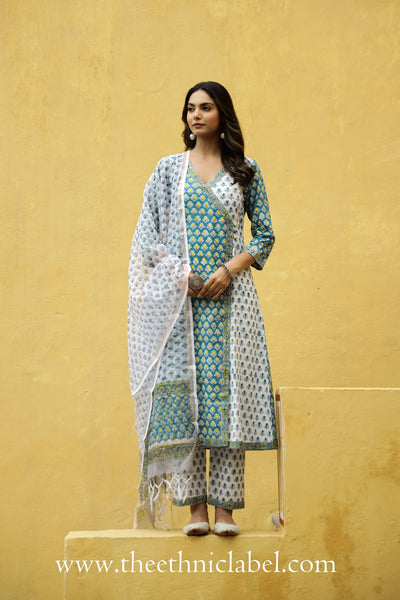 "Nikhar" Angrakha Suit Set with Kota Doria Dupatta(3pc)