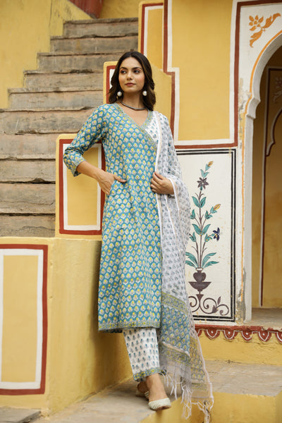 "Nikhar" Angrakha Suit Set with Kota Doria Dupatta(3pc)