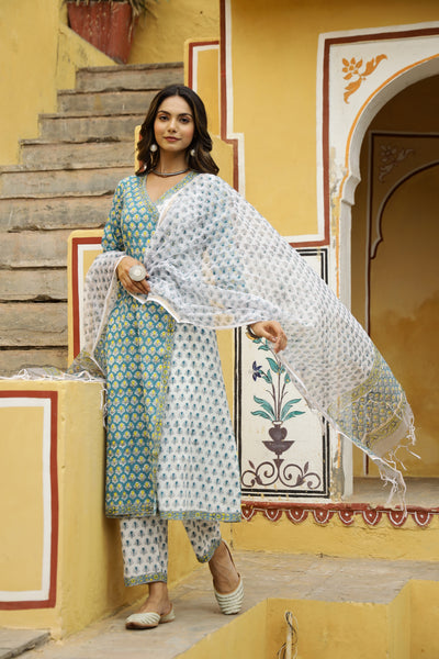 "Nikhar" Angrakha Suit Set with Kota Doria Dupatta(3pc)