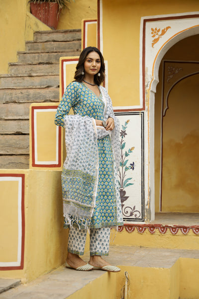 "Nikhar" Angrakha Suit Set with Kota Doria Dupatta(3pc)