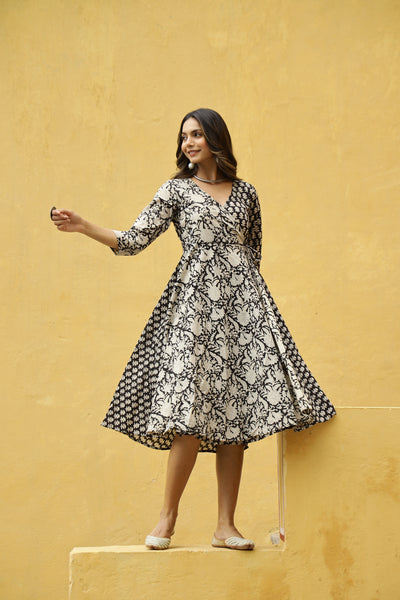 "Nida" Hand Block Printed Angrakha Cotton Dress