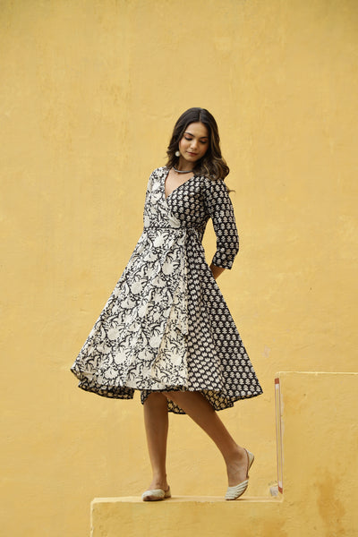 "Nida" Hand Block Printed Angrakha Cotton Dress