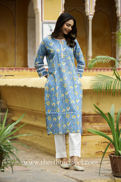 Blue Floral Bird Cotton Kurta